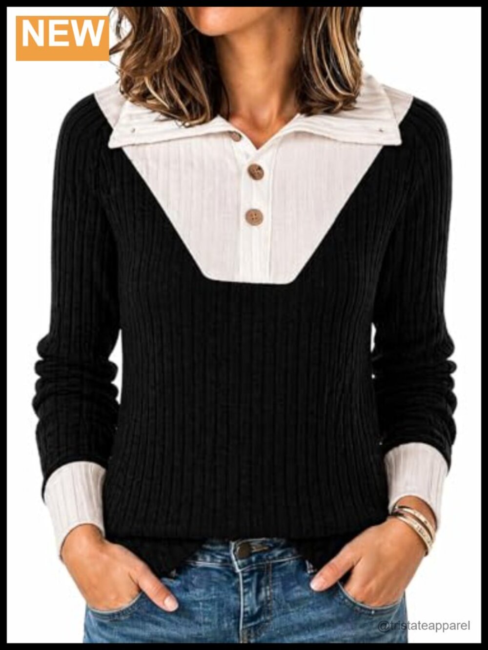 Loose Fit Henley Neck Long Sleeve Blouse Color Block Pullover